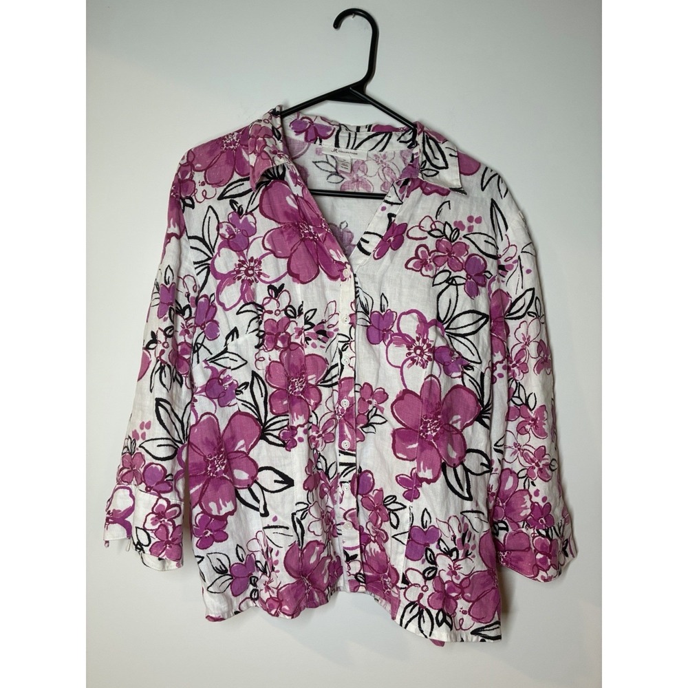 JM Collection Pink Floral Linen Button Up 3/4 Sleeve Shirt 12